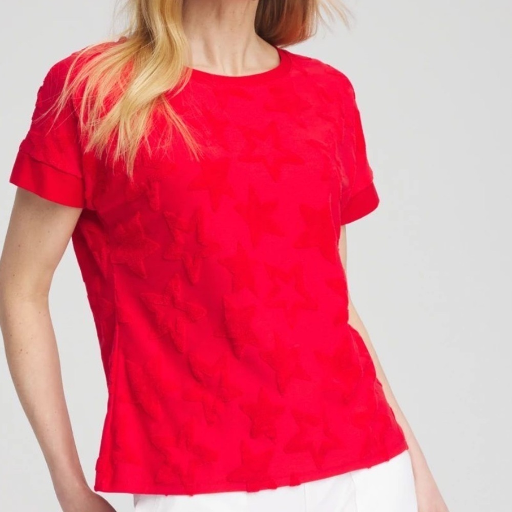 Chico's Red Terry Cloth Stars Textured Summer Shirt Size M